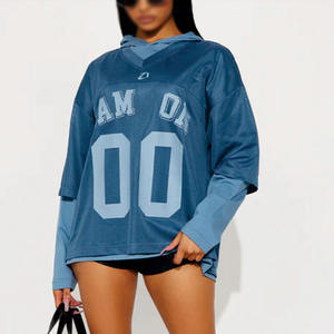 Blue Women Mesh Hoodie American Football Jersey Layered Long Sleeve Streetwear Top Breathable <b>Athletic</b> Wear Custom Sports Shirt - Product Image 4