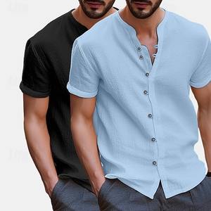 Camisas Retro de Botones para Hombre, Nueva Moda Hawaiana, Lino/Algodón Transpirable, Cuello en V, Manga Corta Informal para Verano - Product Image 5