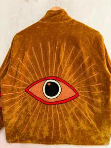 Ethnic Brown <b>Velvet</b> Embroidered Suzani <b>Jacket</b> with Evil Eye Pattern Full Sleeve Stand Collar Handmade Boho Winter Coat - Product Image 3