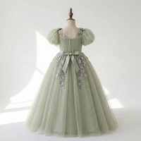 Robe de demoiselle d'honneur vert sauge unie, style princesse, pour mariage, respirante, légère, élégante, à manches bouffantes, en tulle doux, avec nœud