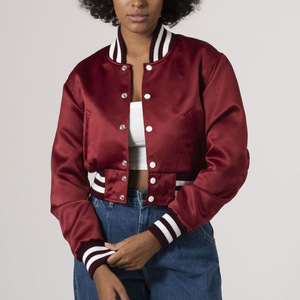Women's <b>Maroon</b> Satin Varsity Jacket Full Sleeve Stand Collar Button Closure Regular Length Autumn Wear - Product Image 4
