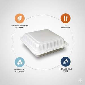 Contenedores de comida para llevar tipo clamshell 8x8, desechables, de bagazo, ecológicos, biodegradables, impermeables, con tapas abatibles, libres de BPA - Product Image 3