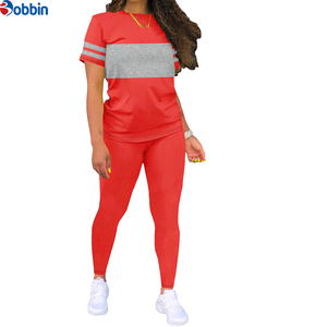 Conjunto Deportivo de Alta Calidad para Mujer, Camiseta Lisa Informal y Leggings, Cuello Redondo, Manga Corta, Bloques de Color, Dos Piezas - Product Image 5
