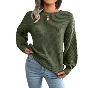 <b>Women's</b> Cream Knit Sweater With <b>Black</b> Flower Applique Lantern Sleeve Crew Neck Pullover Autumn Casual Style - Product Image 6