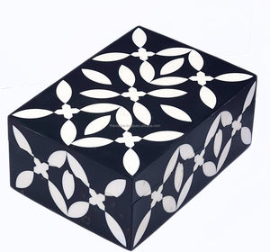 Vintage Handmade Natural Wooden Bone Inlay Decorative Jewelry & Storage <b>Box</b> <b>Floral</b> Design - Black & White - Product Image 1