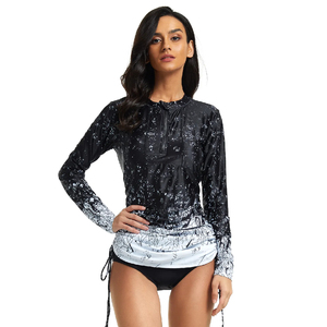 2026 Best Quality Women's Long Sleeve Rash Guard <b>Black</b> White Print Anti-Uv Spandex Polyester Swim <b>Top</b> For Fitness Swimming - Product Image 6