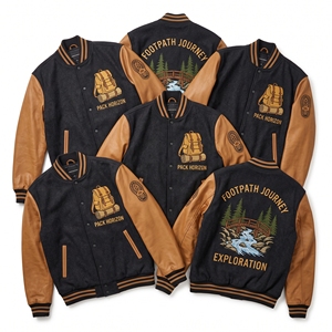 Fabricant de vestes universitaires personnalisées - Corps en laine marron, manches en cuir jaune moutarde, broderie Trail Haven Log Cabin Camp Lantern Letterman - Product Image 3