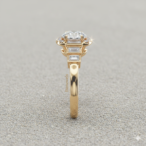 Anillo de compromiso Stonewels con halo de diamantes baguette escalonados, engaste de oro con certificación - Product Image 5