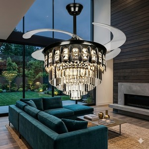 LED <b>Ceiling</b> Fan Crystal Chandelier <b>Remote</b> <b>Control</b> Luxury Invisible Silent Motor Black <b>Lighting</b> Fix Modern Retractable Blade - Product Image 3
