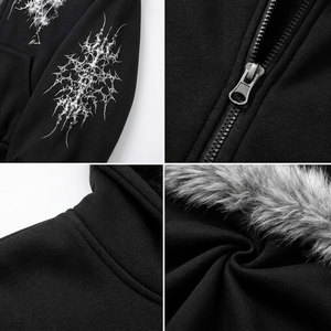 Sweat à capuche zippé en fausse fourrure noire pour femme avec motif imprimé blanc, veste d'hiver en polaire coupe classique style hip-hop - Product Image 6