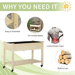 Fioriera Rialzata Mobile in Legno con Ruote Bloccabili, Scaffale Contenitore per Erbe Aromatiche e Verdure, con Funzioni di Drenaggio per Patio - Product Image 6