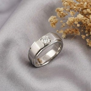 Classic 18K White Gold Engagement <b>Ring</b> With Round Brilliant Cut Diamond Bezel Setting Men <b>Fine</b> Jewelry - Product Image 3