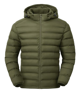 Men's Winter Puffer Jacket with Hood Solid <b>Pattern</b> Front Logo Zipper Closure - Product Image 2
