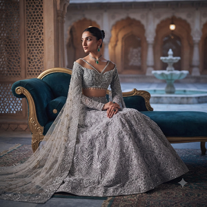 Elegante Conjunto de Lehenga Choli Gris Bordado para Mujer, Vestido Tradicional Indio Pakistaní para Boda, Largo hasta el Suelo, de Algodón sin Arrugas - Product Image 5