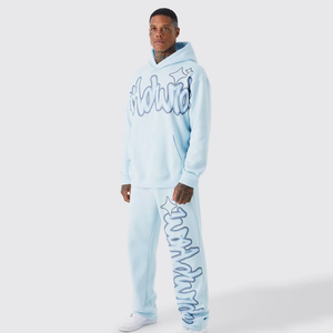Men's Light Blue Hooded Sweatshirt and Pants Set Full Sleeve Solid Color Casual Tracksuit Loose Fit 100% Cotton Autumn Wear - Product Image 3
