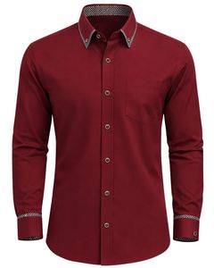 Camisa de Vestir Personalizada para Hombre, Color Borgoña, Corte Entallado, Manga Larga, Cierre de Botones, Formal, Informal, para Oficina, Mezcla de Algodón, Cuello en Contraste, OEM - Product Image 1