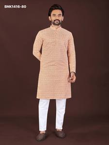 Collection de Kurta-Pyjama prêts-à-porter à manches longues et longueur genou en coton doux de qualité supérieure avec broderie Lucknowi Chickankari – Fournisseur indien - Product Image 3