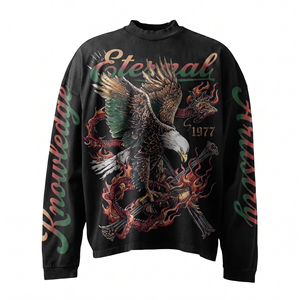 Camiseta de manga larga de algodón y poliéster premium de 280 GSM con logo de aplique de rayas rosas, camiseta 100% algodón para hombre, corte holgado, estampada. - Product Image 3