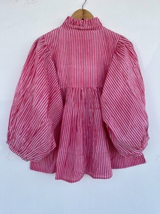 Women’s Pink and <b>White</b> Striped Cotton Babydoll Blouse with <b>Balloon</b> Sleeves, V-Neck and Gathered Waist – Custom OEM Private Label - Product Image 5