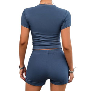 Women's Casual 2-Piece Clothing Set 2025 Summer Cotton Shorts and Top with Custom Logo Above Knee Solid Pattern Wholesale - Product Image 4