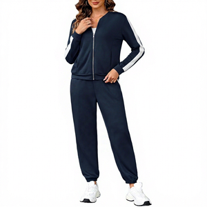 Ensemble de survêtement bleu marine pour femme, manches longues, fermeture éclair sur le devant, couleur unie, ensemble décontracté avec poches latérales, vêtements d'automne - Product Image 3