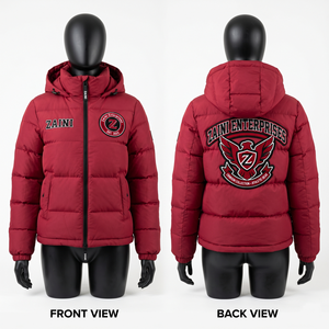 Veste matelassée pour femme, 145 GSM, polyester Taslan, rouge, manteau d'hiver, broderie personnalisée, patch en chenille, logo OEM ODM - Product Image 1