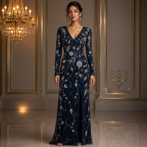 Vestido de Noche Largo de Lujo para Mujer, Color Azul Marino, Bordado, Elegante, Cuello en V, Manga Larga, Diseño Premium, para Fiestas y Bodas - Product Image 2