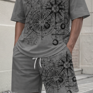 Conjunto de Camiseta y Pantalones Cortos Casuales con Estampado Digital 3D para Hombre, Diseño Retro de Brújula Náutica, Conjunto de 2 Piezas - Product Image 1
