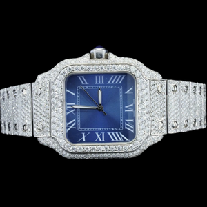Reloj Mecánico de Cuarzo con Diseño Único, Esfera Azul, Caja Cuadrada, Adornado con Diamantes Moissanite, Exclusivo Reloj de Regalo de Diseñador de Hip Hop - Product Image 1