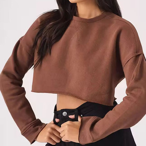 Women's Cropped Crew Neck Sweatshirt Solid Color Long Sleeve Casual <b>Top</b> Knitted Loose Fit All Seasons - Product Image 4