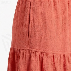 Jupe midi évasée corail pour femme, taille élastique avec cordon de serrage, décontractée, été, couleur unie, mélange viscose et coton - Product Image 5
