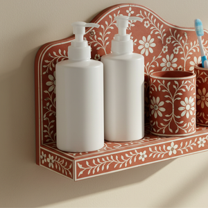 Handcrafted Bathroom Accessory Suite 5-Piece Terracotta Floral Wall Shelf Decorative Arched Vanity Organizer for <b>Soap</b> & Brushes - Product Image 5