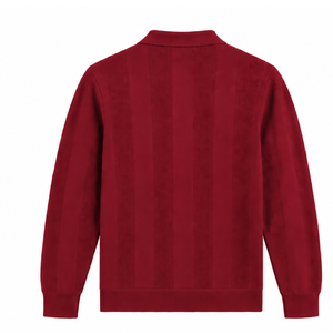 Pull polo pour homme rouge rubis à manches longues, design en tricot texturé à rayures verticales, poignets côtelés, pull décontracté de qualité supérieure - Product Image 2