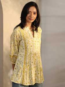 Túnica Larga Amarilla con Estampado Botánico para Mujer, Kurti Peplum Color Marfil con Ribete de Encaje Decorativo para Compradores de Moda Global (Venta al Por Mayor) - Product Image 3