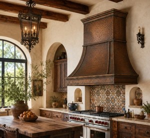 Hotte de cuisine en cuivre martelé, type cheminée, pour îlot, avec ventilateur d'extraction et design décoratif - Product Image 2