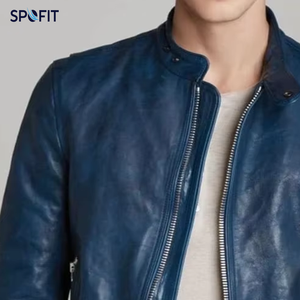 Veste en cuir véritable bleu marine pour homme de qualité supérieure, style Cafe Racer, coupe ajustée, veste de motard avec fermeture à glissière - Product Image 4
