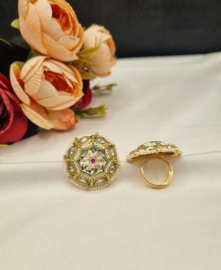Handcrafted Kundan Floral Motif Big Studded Circular <b>Ring</b> Pearl Work <b>Adjustable</b> <b>Ring</b> For Women Imitation Jewellery Manufacturers - Product Image 1