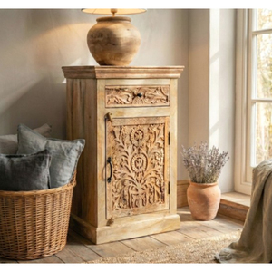 Mueble de Madera Maciza Tradicional con Acabado Natural, Tallado a Mano con Mandala, 1 Cajón y 1 Puerta, Estilo Rústico para Bar en Casa - Product Image 1