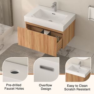 Mobile Bagno Moderno Minimalista da 30 Pollici Sospeso a Parete con Lavabo Integrato e Finitura in Compensato - Product Image 4