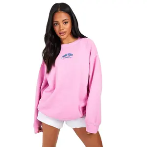 Women Baby Pink Colour Drop Shoulder French Terry Fleece Screen Printed Logo On Front Crewneck Sweatshirt In Low Rates