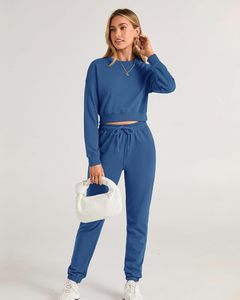 Ensemble de survêtement bleu uni pour femme, sweat-shirt à col rond et manches longues, pantalon de jogging décontracté pour l'automne avec poches latérales et cordon de serrage - Product Image 5