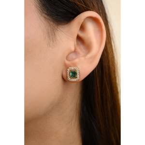 18K Gold Square Cut <b>Emerald</b> and Diamond Statement <b>Stud</b> <b>Earrings</b> - Product Image 6