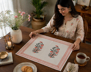 Boho Orange Carry Hand Block Print <b>Table</b> Mat Set White Cotton Placemats Export Quality Washable <b>Dining</b> Decor Masterpiece Set - Product Image 4
