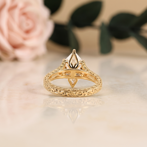 Gold Marquise Cut <b>Ring</b> with Ornate Engraved Band Design <b>Large</b> Center Stone Classy Wedding Engagement Fine Jewelry for Women Gift - Product Image 3