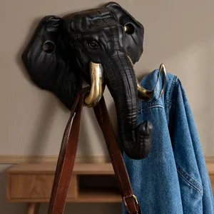 Elephant Head Wall Hook Cast Iron Black With Brass Tusks Novelty Coat Rack Entryway Mounting - Product Image 2