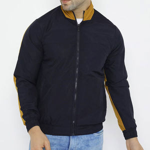 Blouson bomber homme bleu marine et jaune moutarde, coupe légère, décontracté, avec col montant et poignets élastiques - Product Image 1