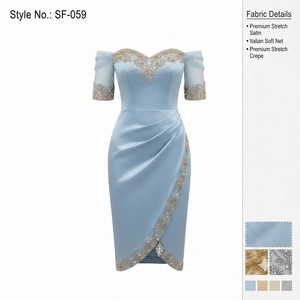 Robe fourreau longue bleu glace moderne et tendance, col cœur, jupe drapée élégante, ornée de perles de cristal en satin - Product Image 1