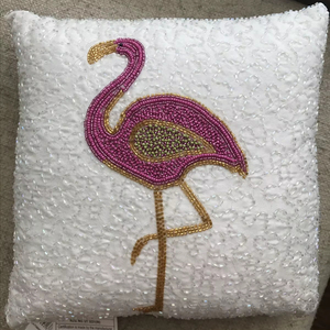 Pink Flamingo Hand Beaded Cushion <b>Cover</b> Square Satin <b>Throw</b> Pillow Case For <b>Sofa</b> Couch Living Room Bedroom Home Decoration - Product Image 1
