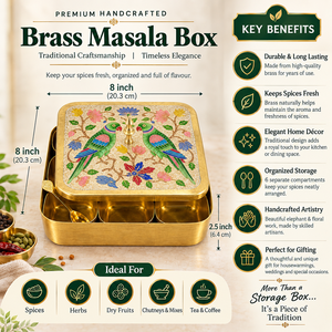 Handmade Brass Parrot Floral Square Masala <b>Box</b> Luxury Indian Spice Container Decorative Kitchen Storage Wholesaler - Product Image 2