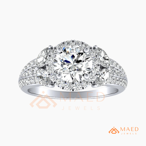 Round Cut Moissanite Halo Engagement <b>Ring</b> 925 Silver Three Stone <b>Split</b> Shank Pave Band Wedding <b>Ring</b> Diamond Look Jewelry - Product Image 5